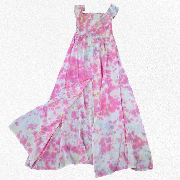 Pink White Tie Dye Smocked Off the Shoulder Area Stars Kaia Dress Size Small - Picture 12 of 13